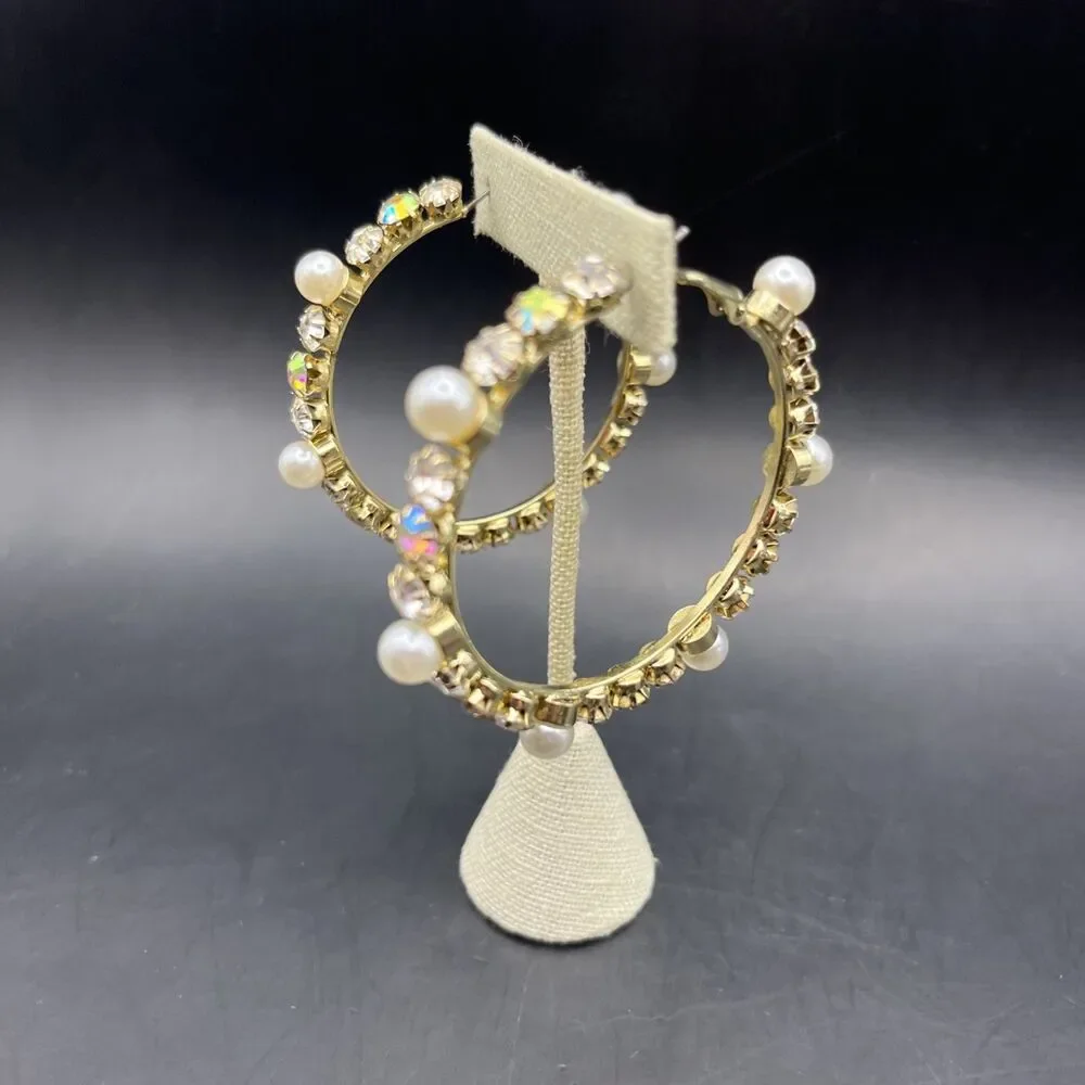 Big Bold Glam Hoop Earrings Faux Pearl Aurora Borealis Clear Rhinestone Goldtone